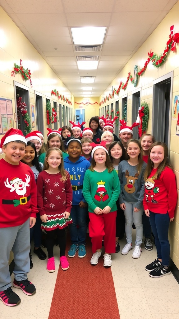 Students in festive clothing celebrating Christmas dress down day in a decorated school hallway.